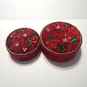 Crushed Red Velvet Beaded Poinsettia Chriatmas Round Gift Box Set Of 2